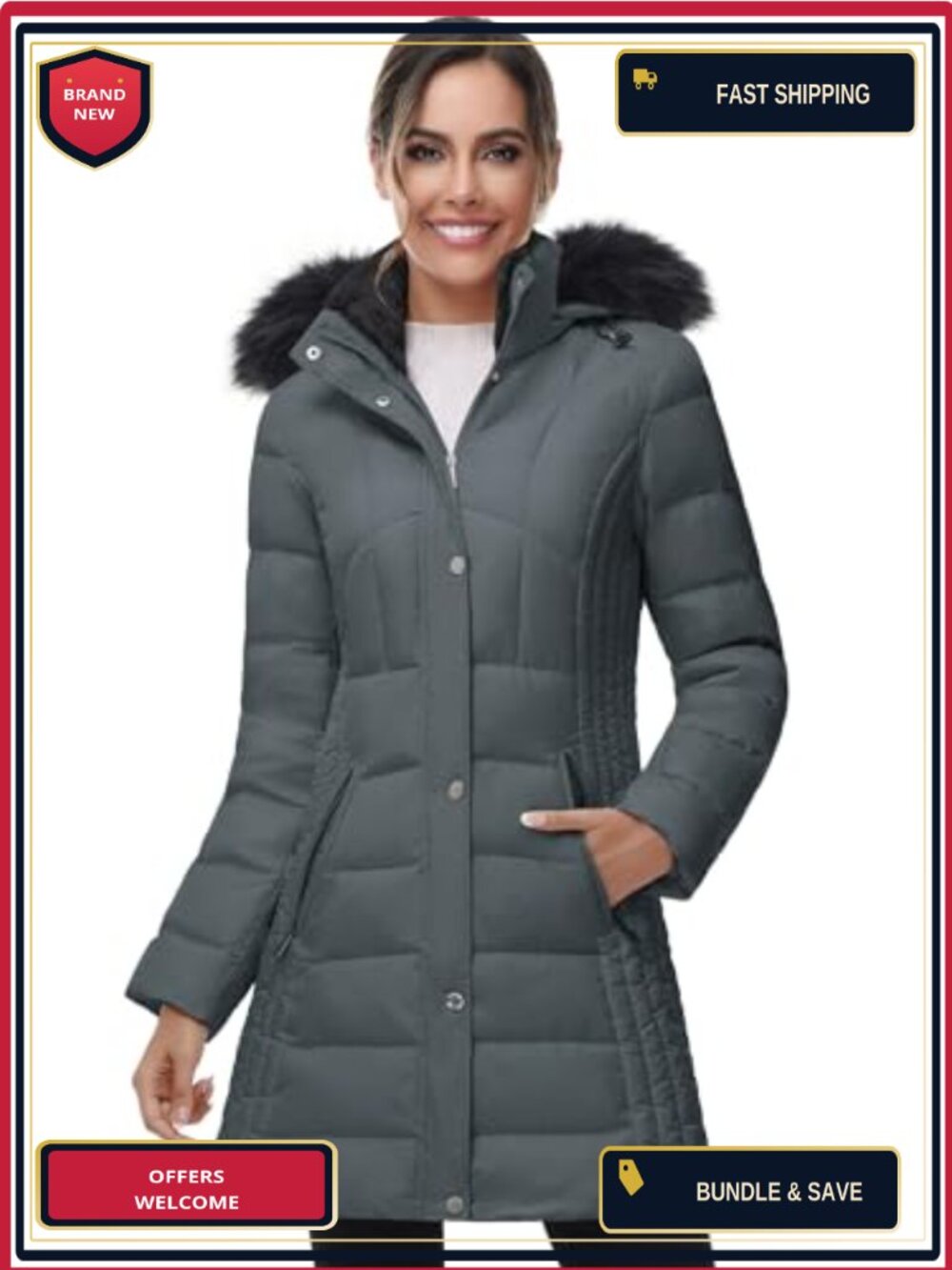 Women's Winter Down Puffer Coat Hooded Mid-Length Faux Fur Trim Jacket